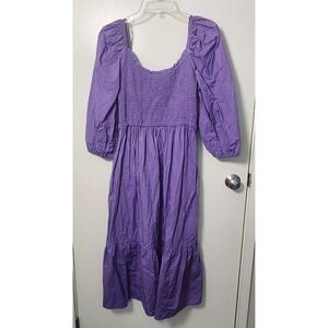 Gap Puff Elbow Sleeve Smocked Midi Dress Women's Purple Lrg Tiered Pockets